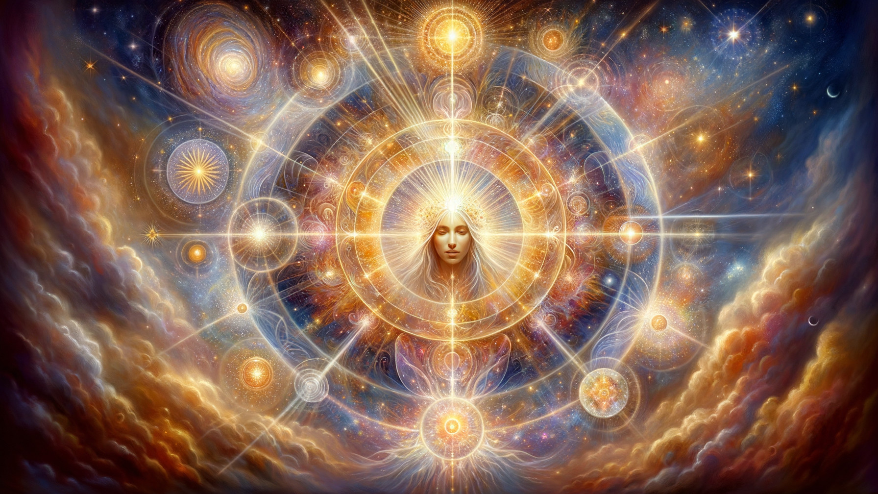 Cosmic Scene with Serene Face and Vibrant Colors