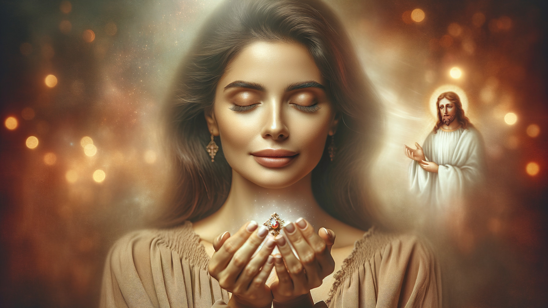 Serene Woman Holding Glowing Object in Ethereal Light