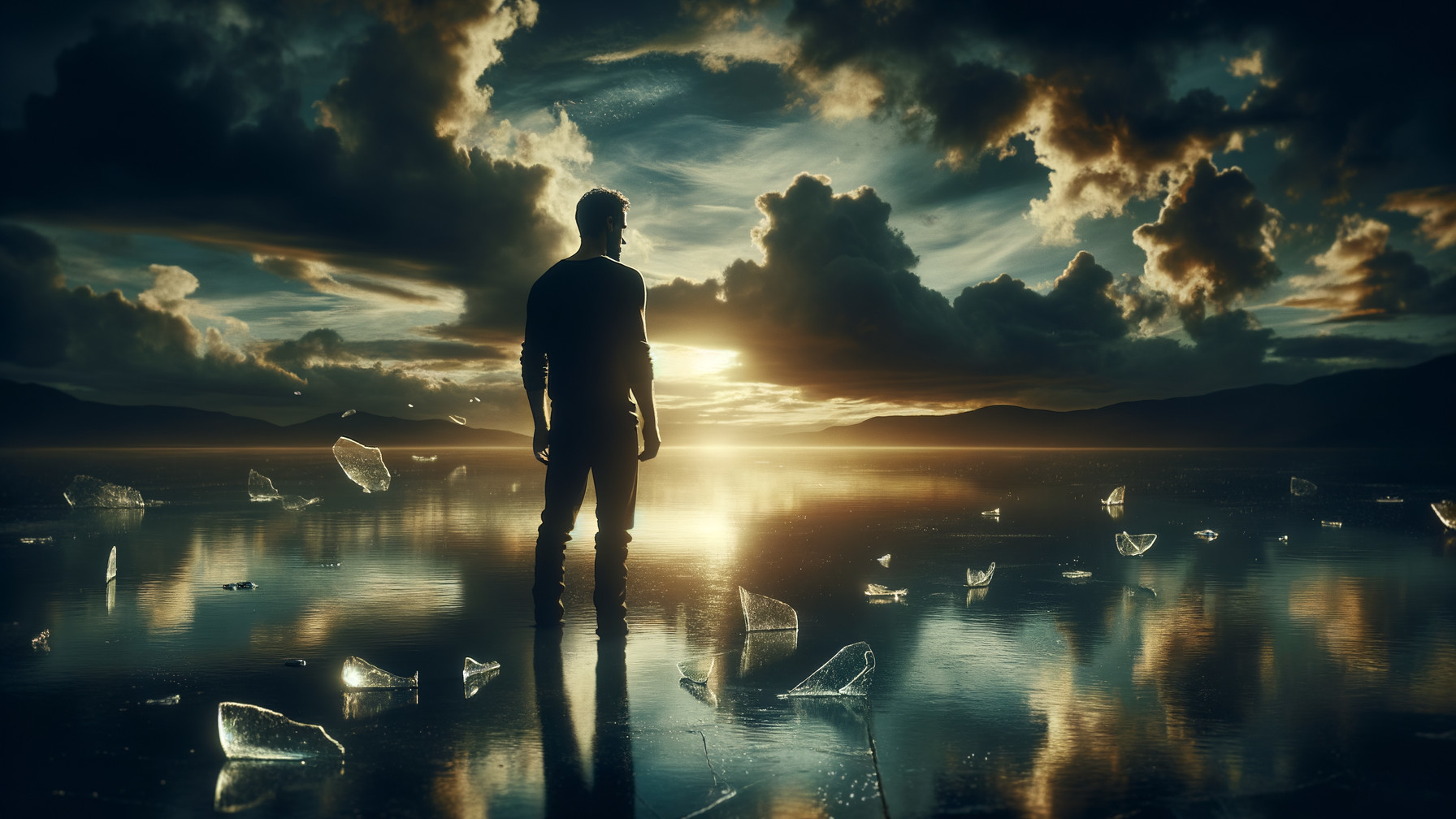 Lone Figure by Reflective Water at Sunset