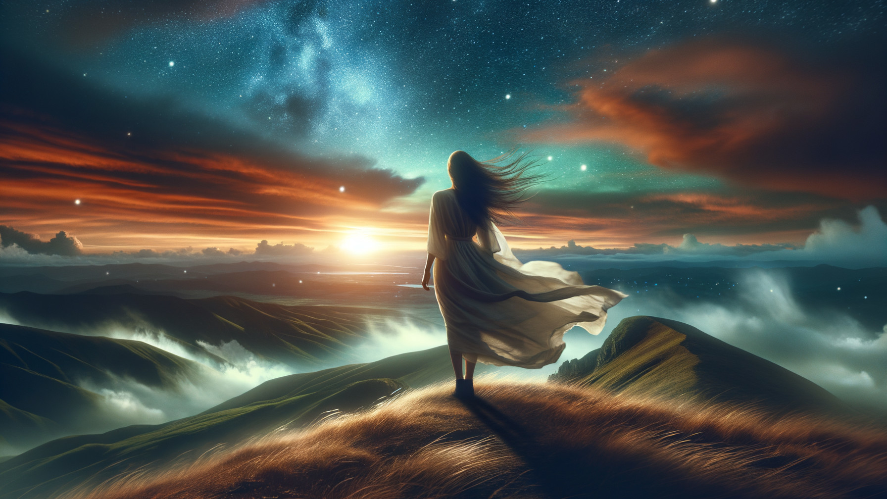 Silhouette of a woman on a hilltop at sunset