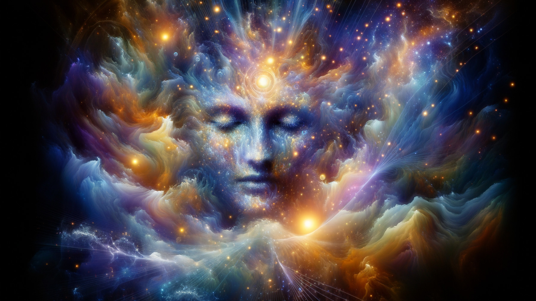 Cosmic Scene with Serene Face in Vibrant Nebula