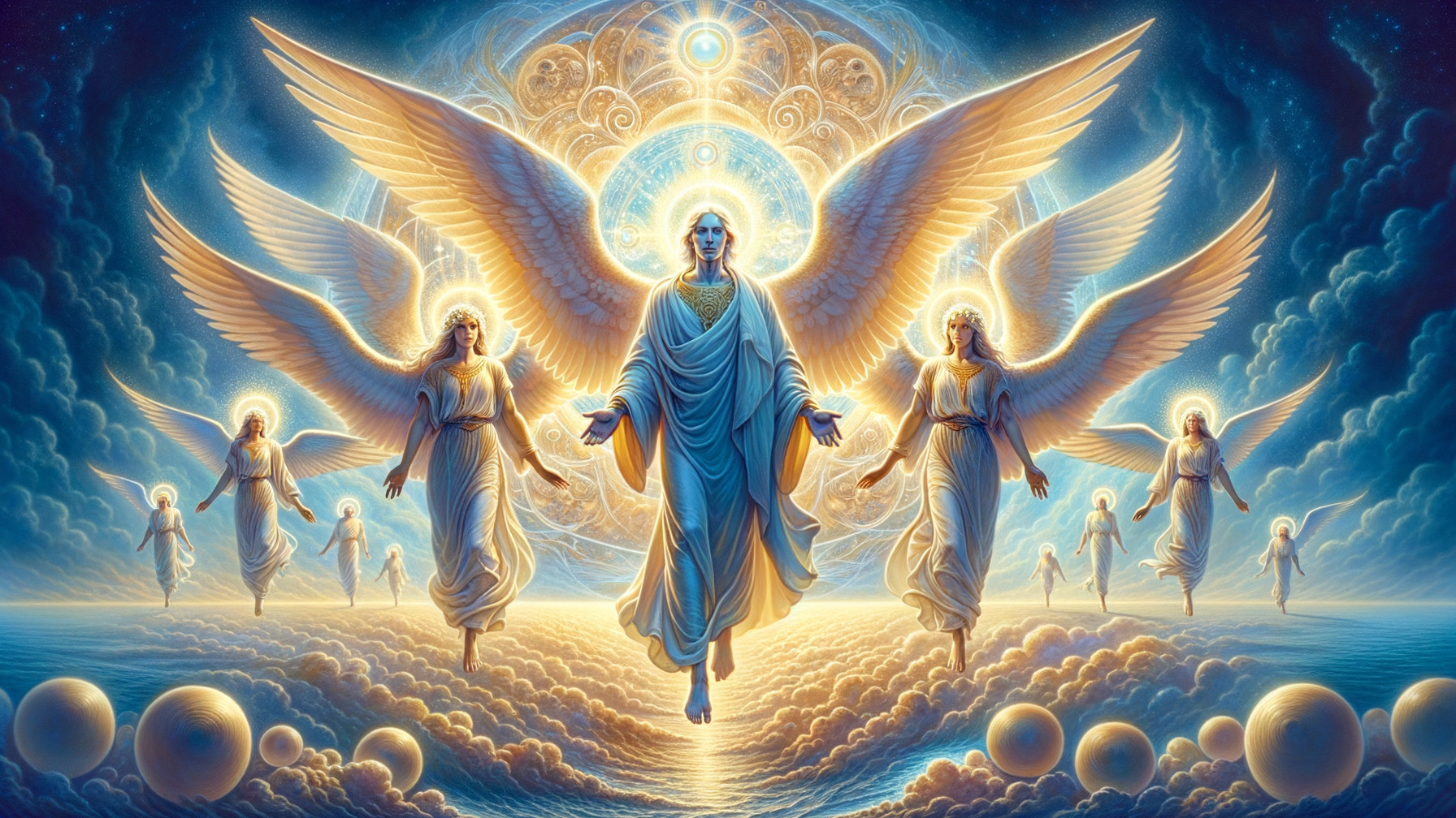 Angels with Wings and Halos Descending from Clouds