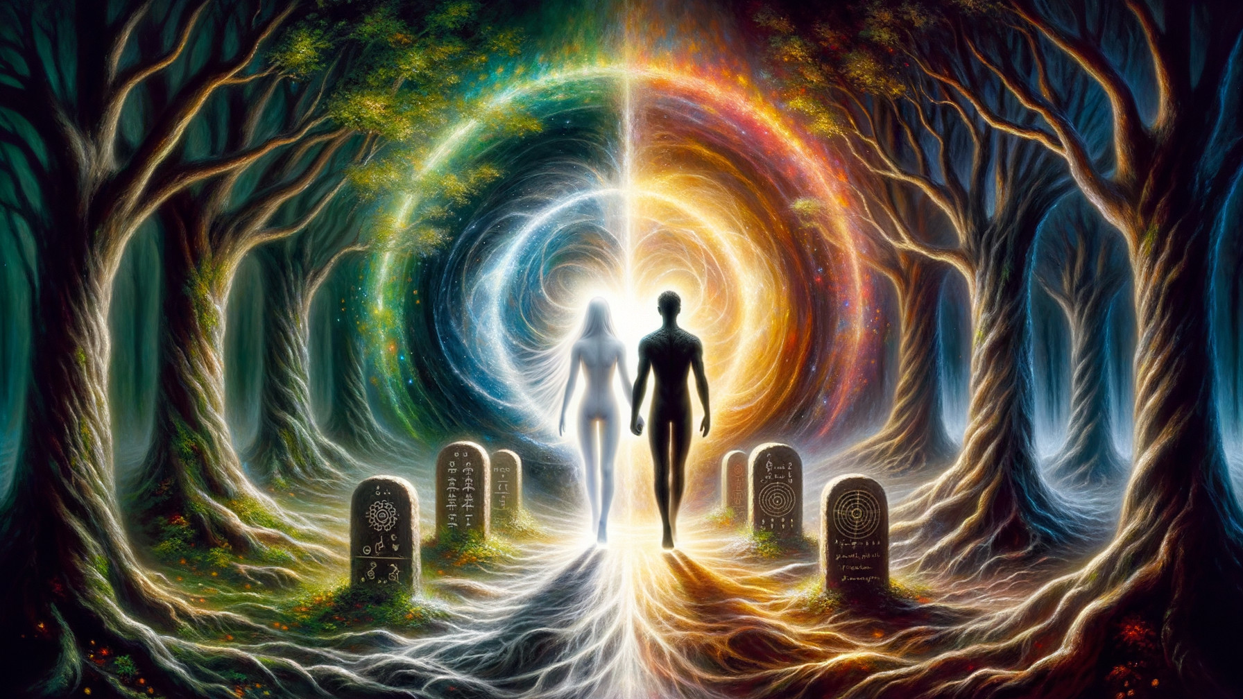 Mystical Forest Portal with Figures and Ancient Stones