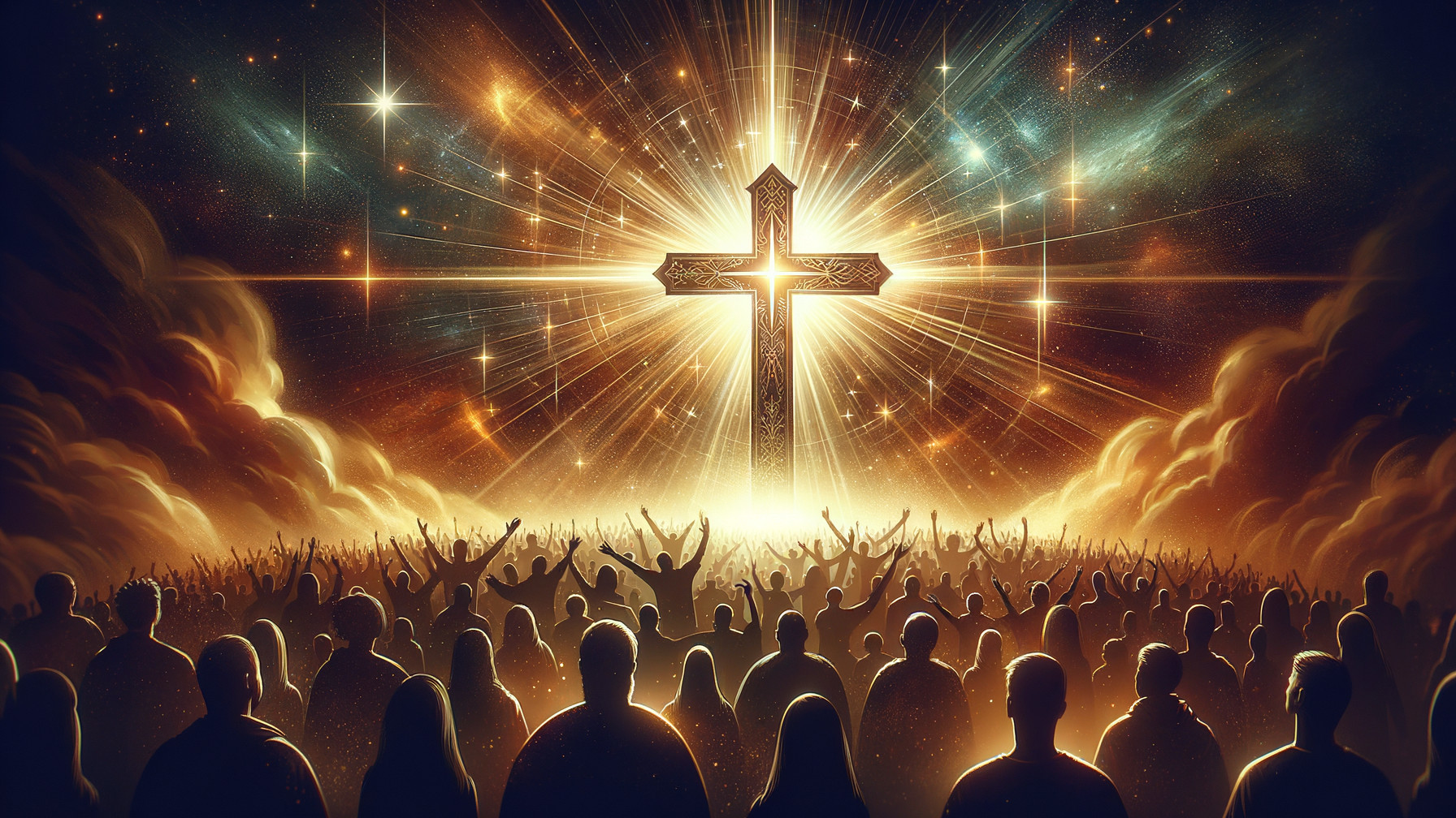 Radiant Cross Against Cosmic Backdrop with Worshippers