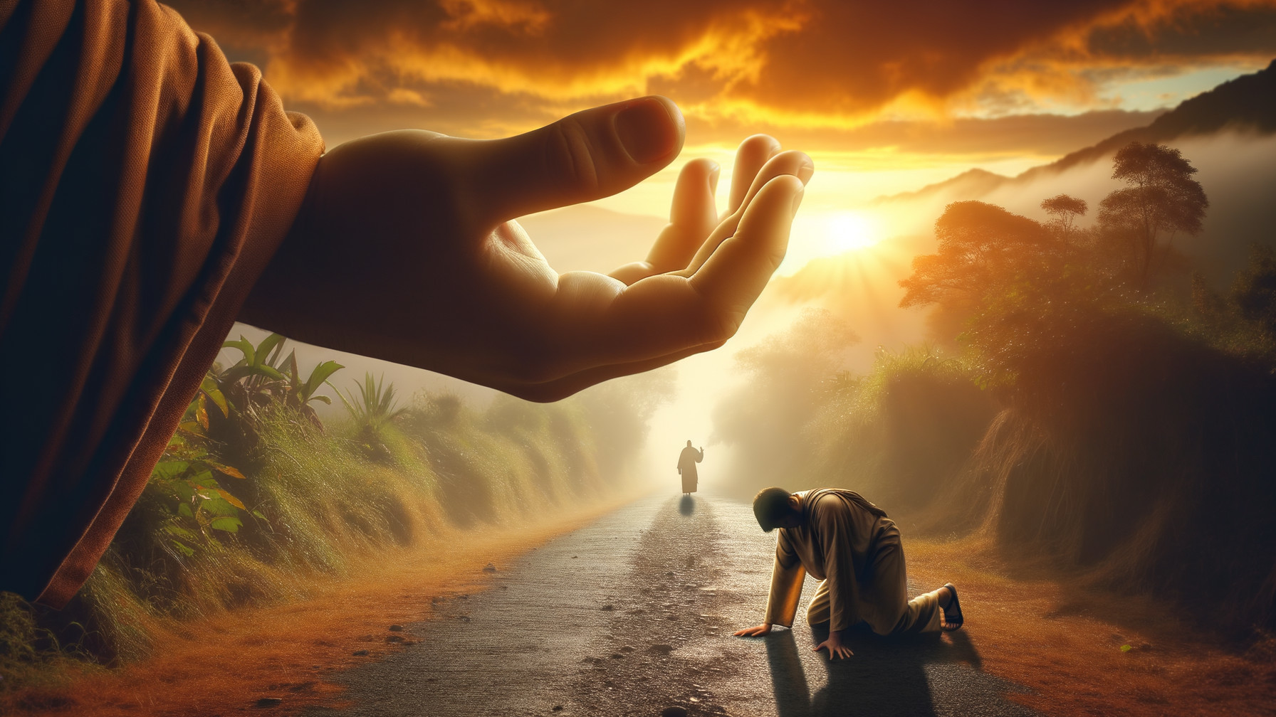 Serene Landscape with Giant Hand and Kneeling Figure