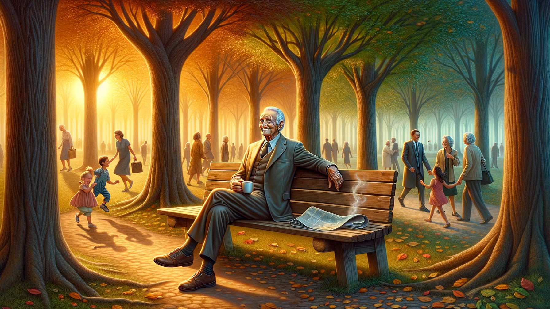 Elderly Man Enjoys Autumn Park Scene with Coffee