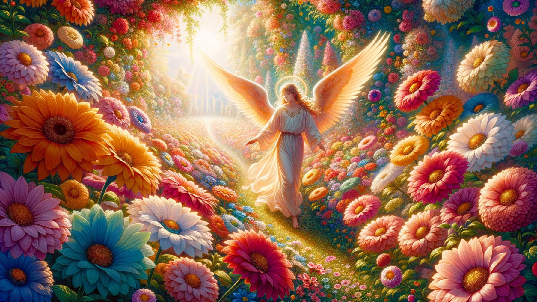 Serene angel in a vibrant garden of colorful flowers