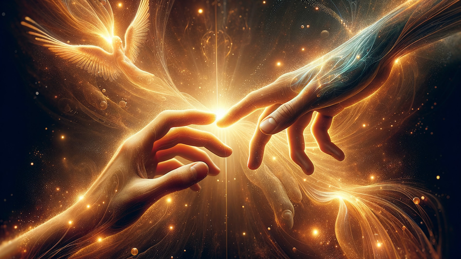 Cosmic Scene of Hands and Dove in Ethereal Light