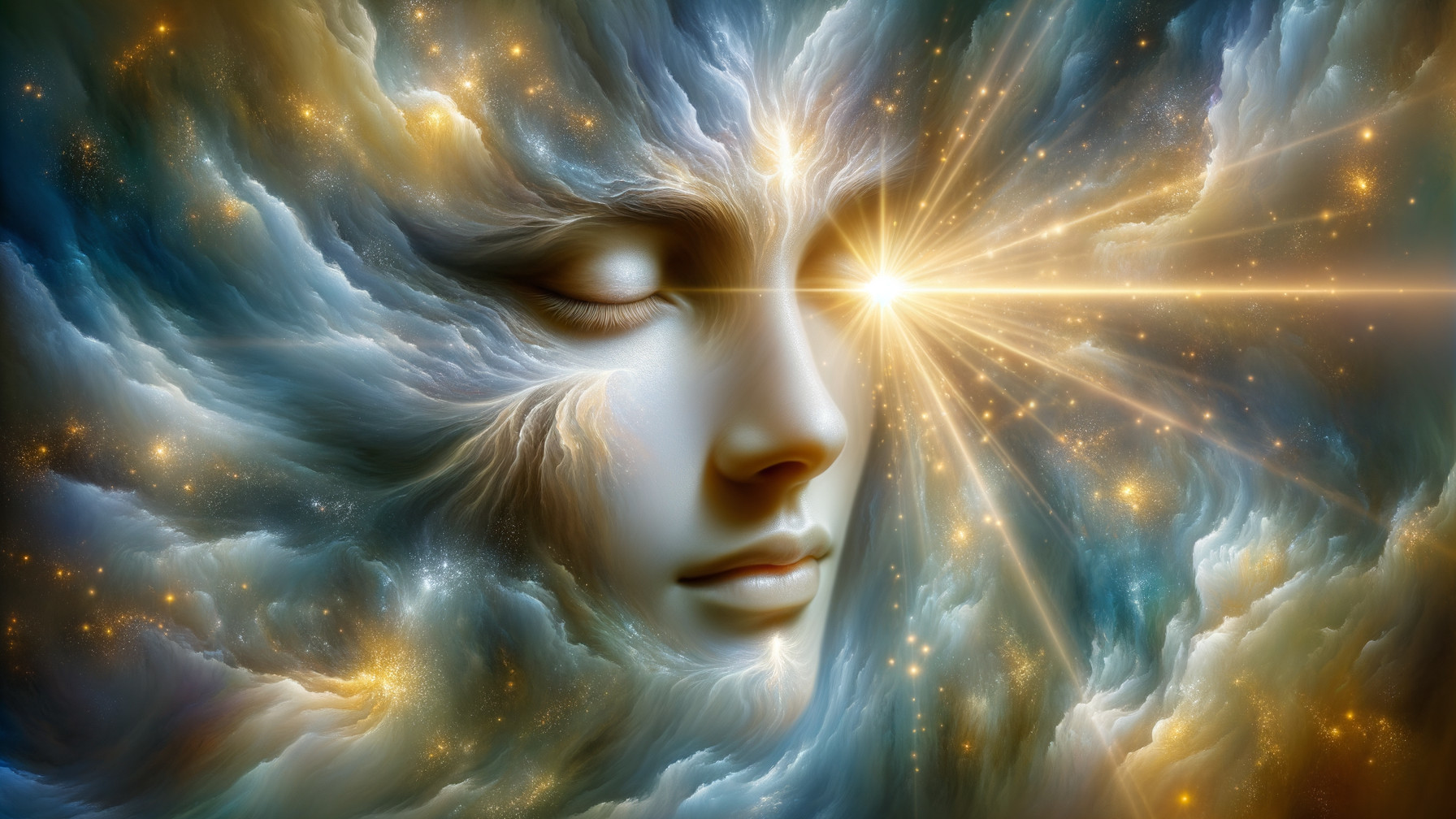 Ethereal Human Face in Colorful Cosmic Clouds