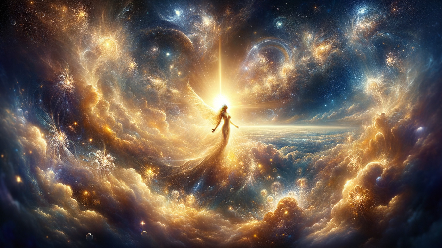 Celestial Scene with Luminous Figure and Vibrant Colors
