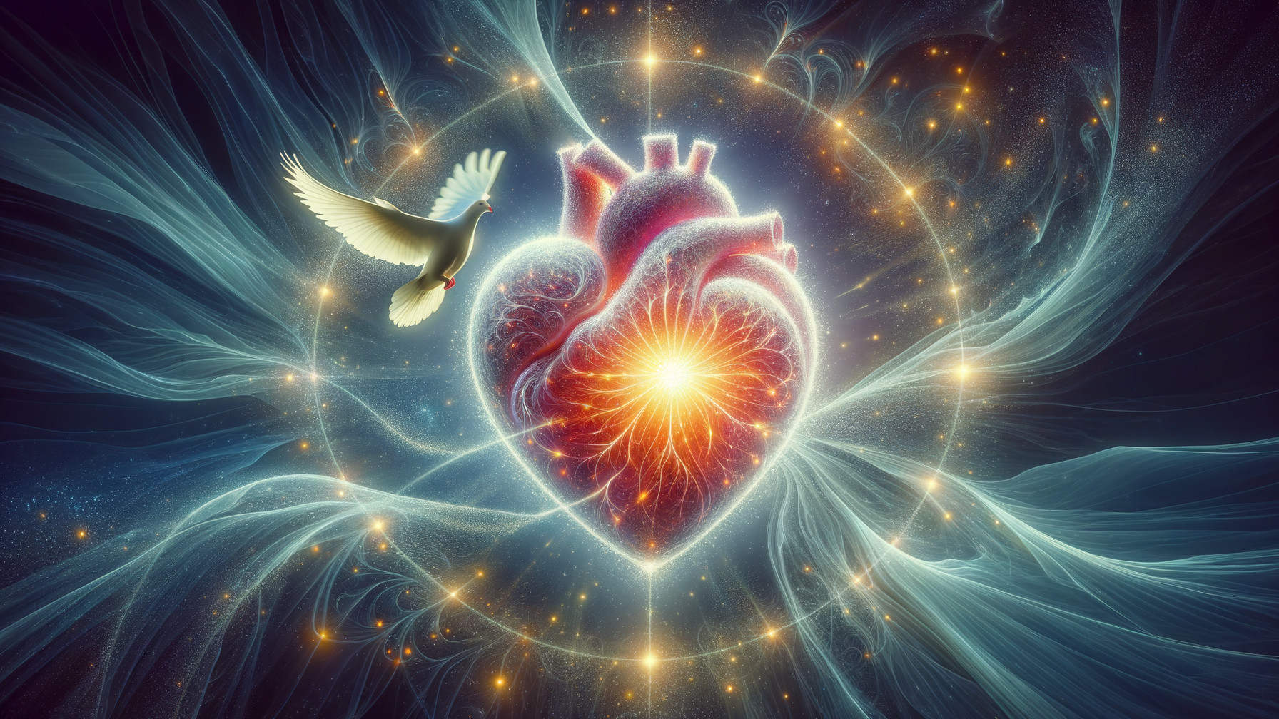 Ethereal Heart Surrounded by Cosmic Colors and Dove