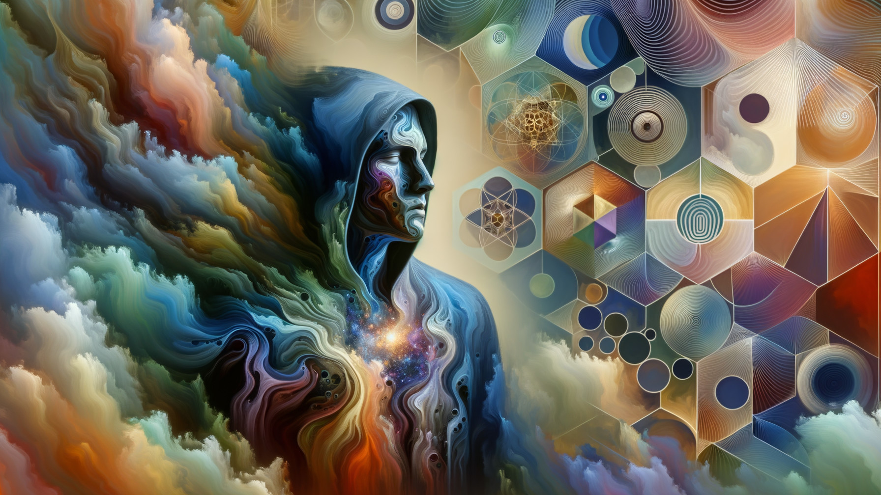 Hooded Figure Surrounded by Cosmic Patterns and Clouds