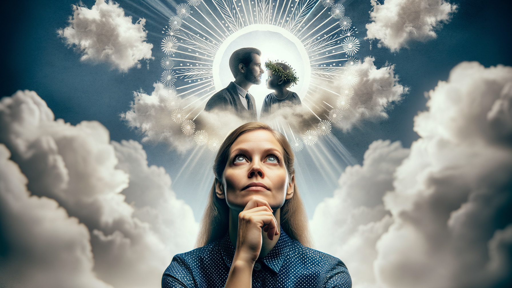 Thoughtful Woman Surrounded by Dreamy Romantic Scene