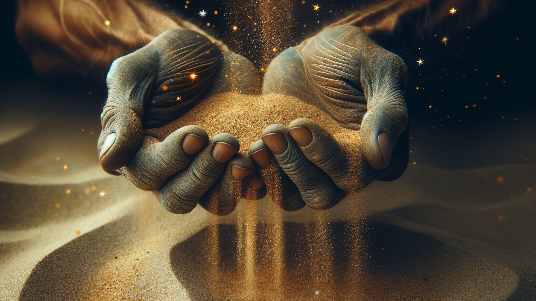 Weathered Hands Cradling Golden Sand in Soft Light