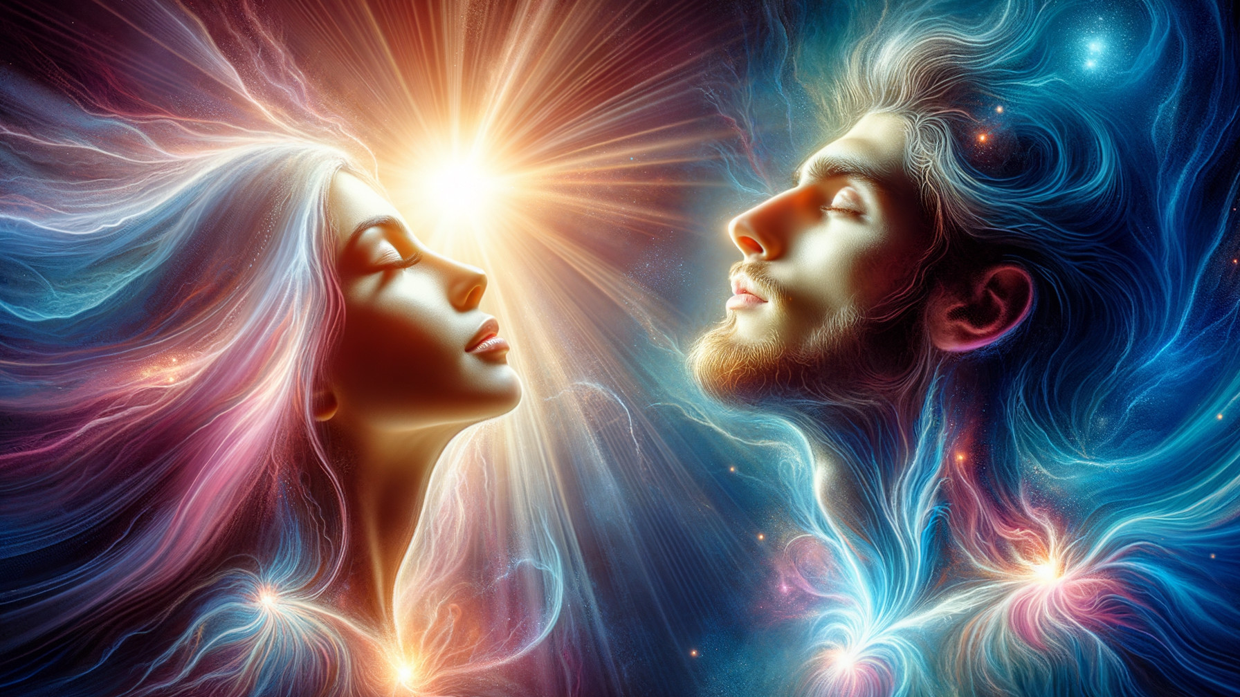 Ethereal Figures with Radiant Light in Cosmic Setting