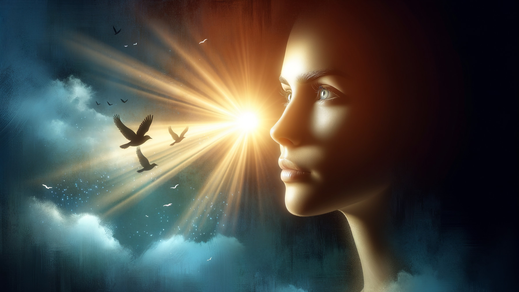 Serene Woman in Sunlight with Birds and Clouds