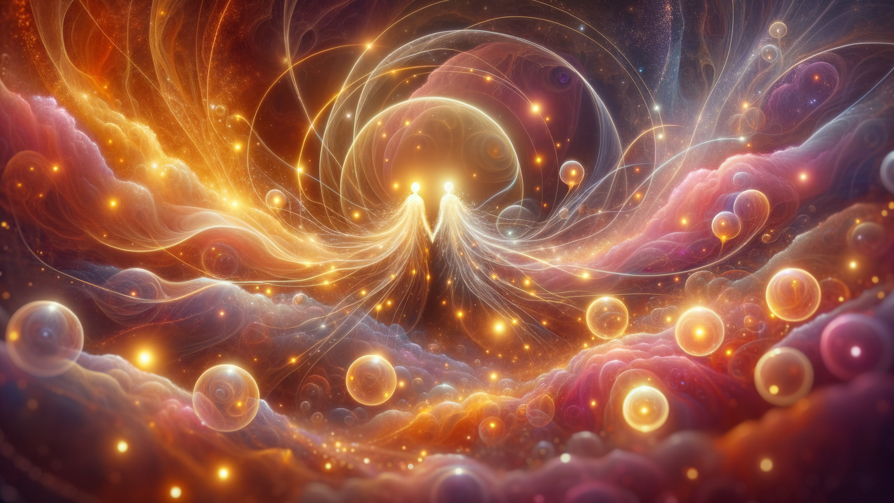 Vibrant Cosmic Scene with Luminous Figures and Orbs