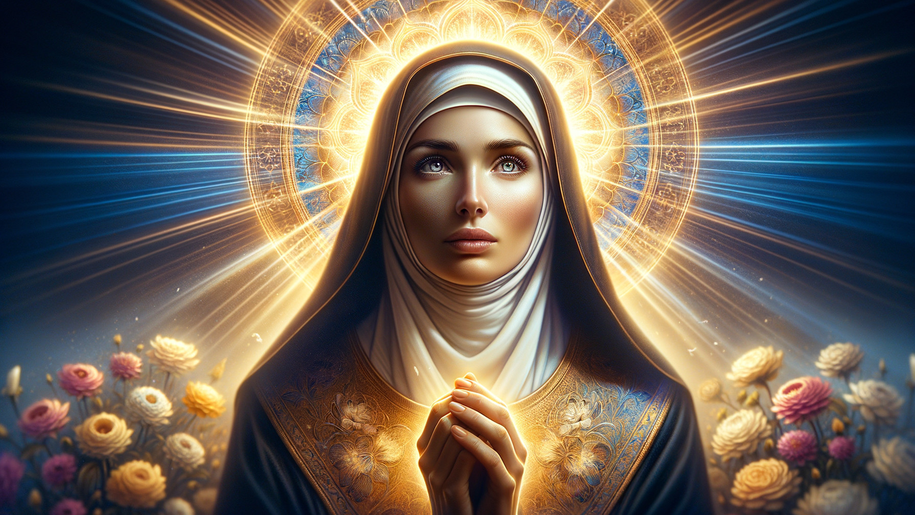 Serene Woman in Robe Surrounded by Flowers and Light