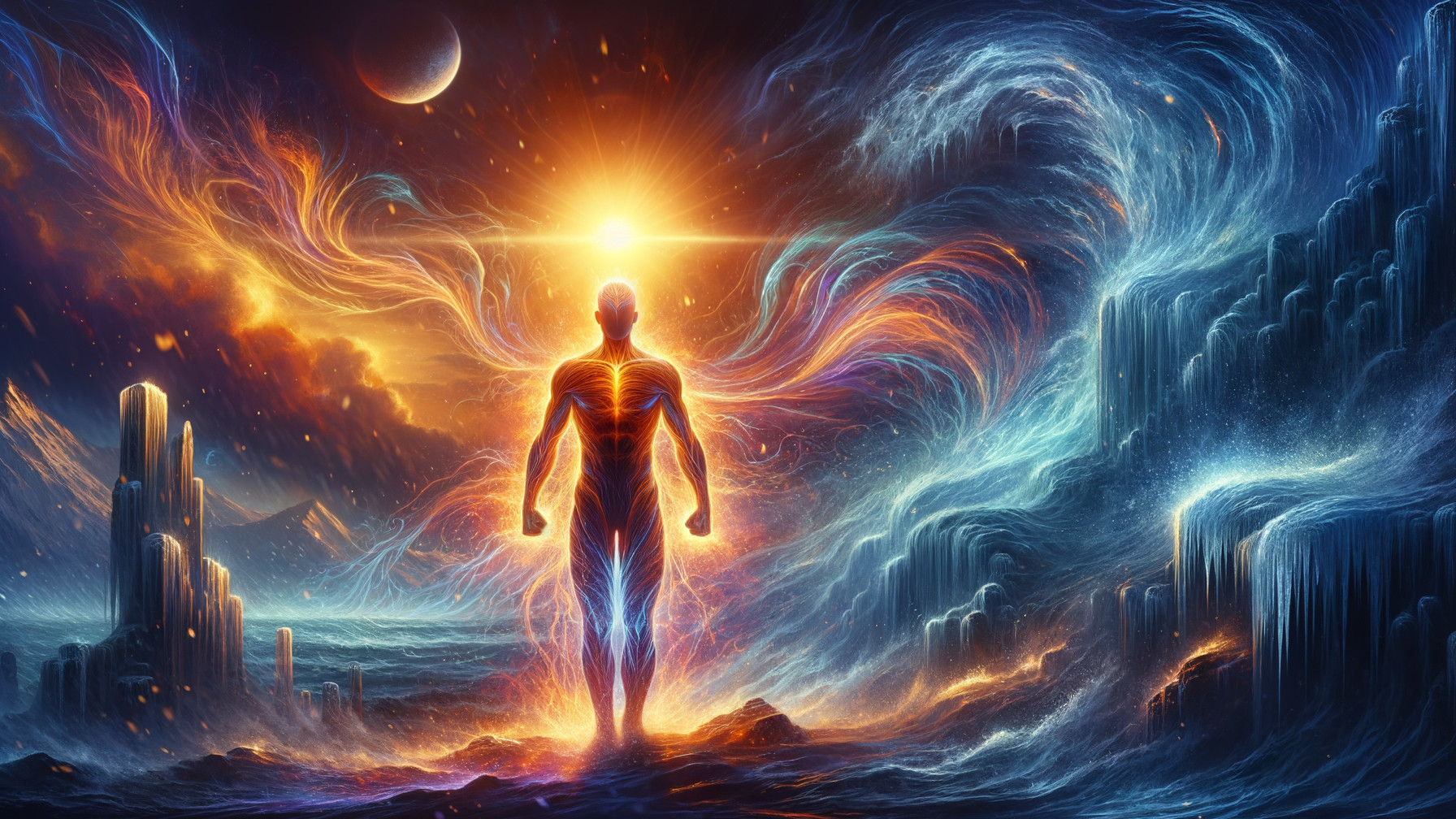 Surreal Cosmic Scene with Vibrant Human Figure