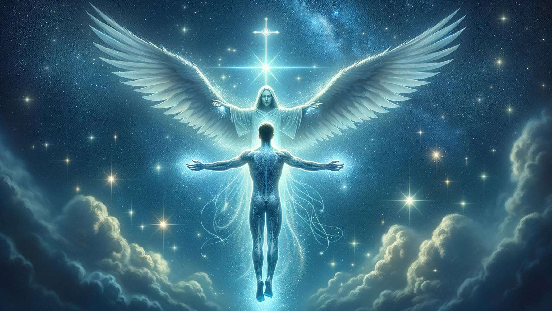 Digital Painting of an Angel Embracing a Man in Sky