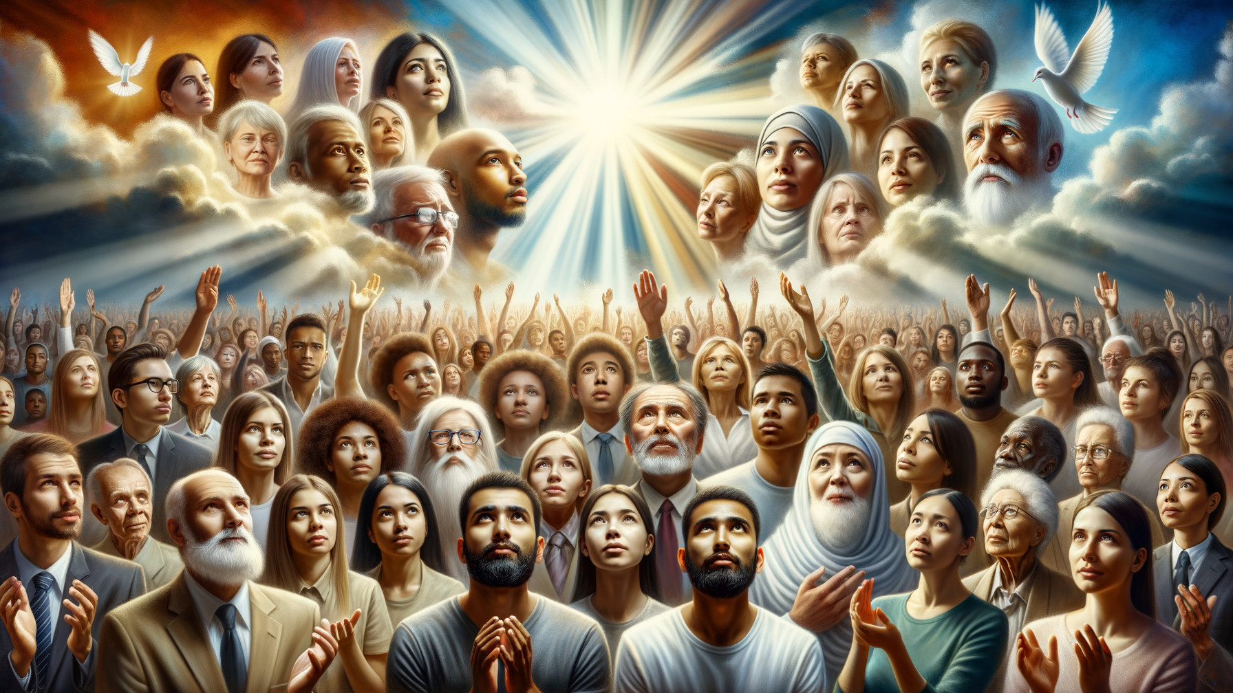 Diverse Crowd Gazing at Luminous Sky with Doves