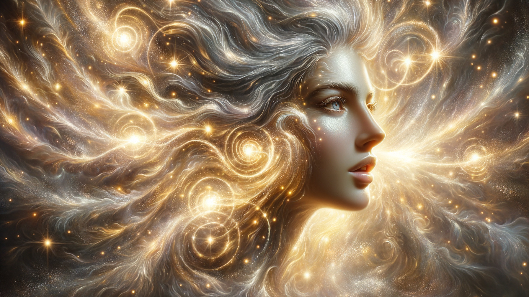 Portrait of a woman with cosmic elements and golden lights