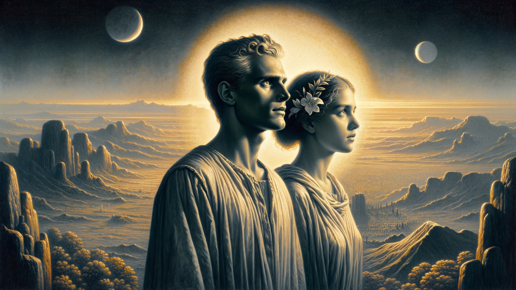 Serene Artwork of Two Figures in a Mystical Landscape