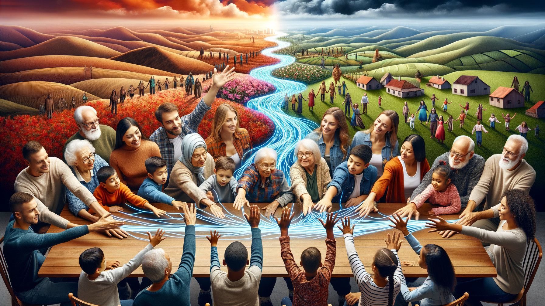 Diverse Group by River Symbolizing Community Unity