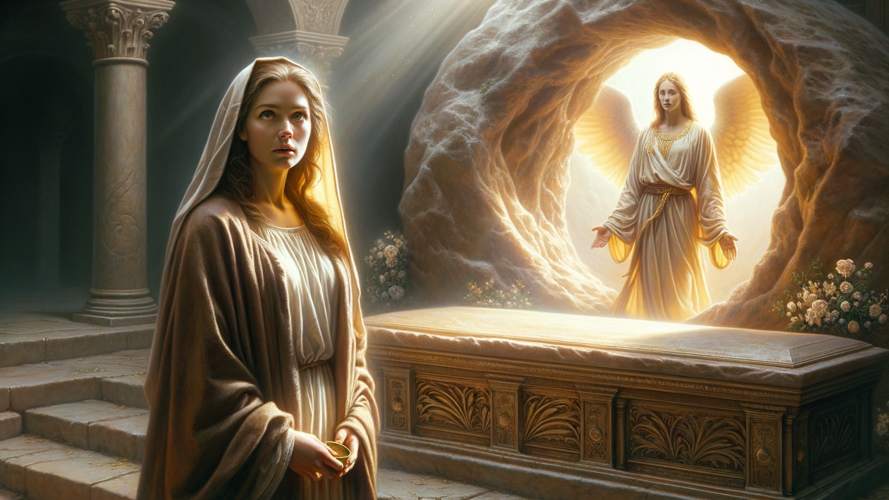 Woman in Robes Near Ornate Tomb and Angelic Figure