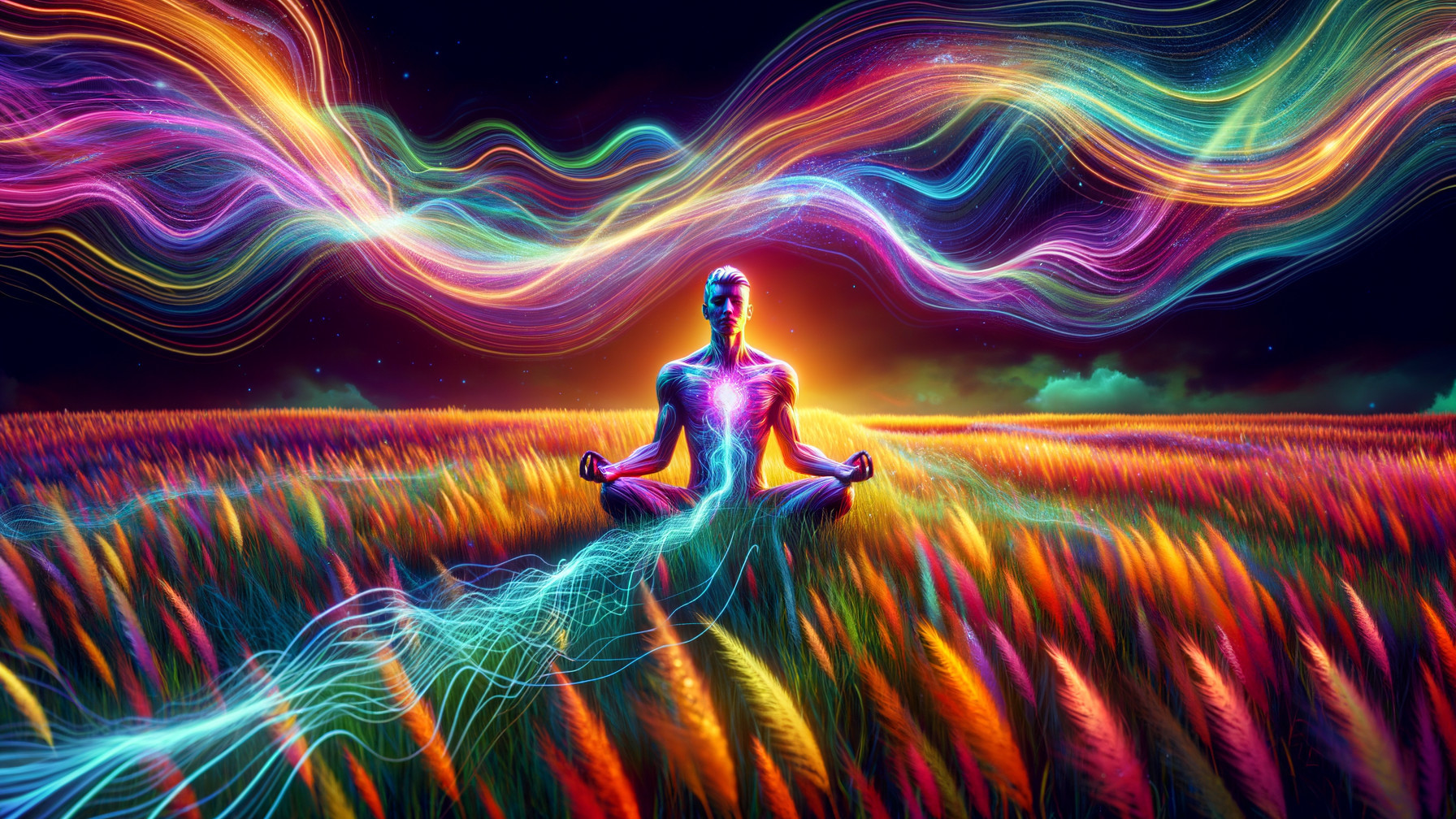 Meditative Figure in Colorful Wheat Field at Sunset
