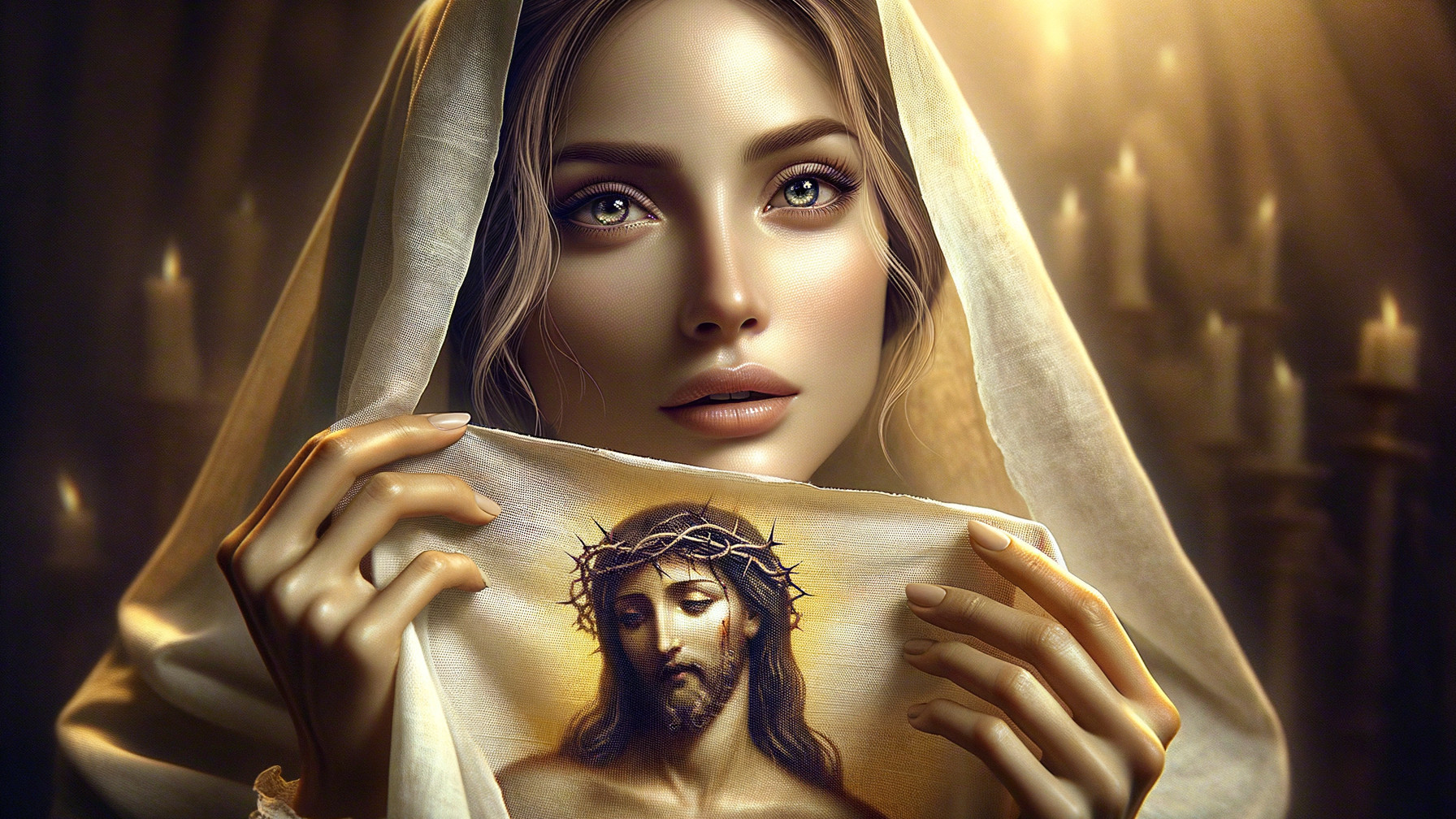 Woman in Veil Holding Cloth with Christ Image