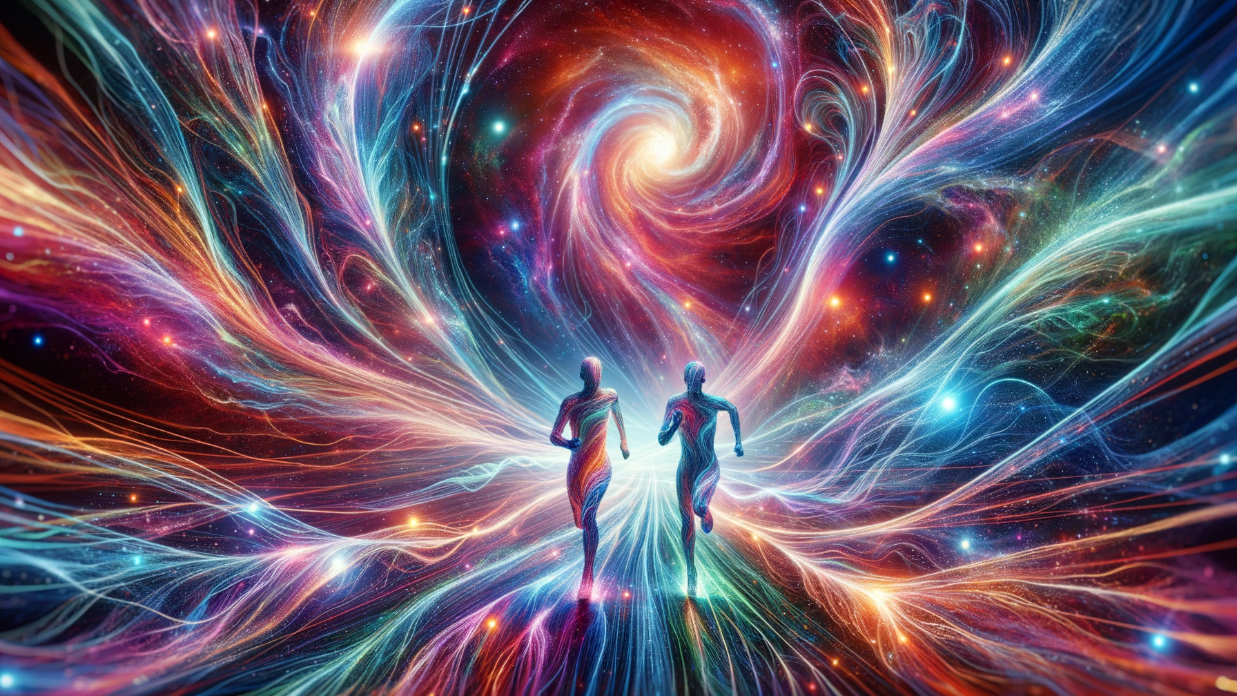Ethereal Figures in a Cosmic Vortex of Colors