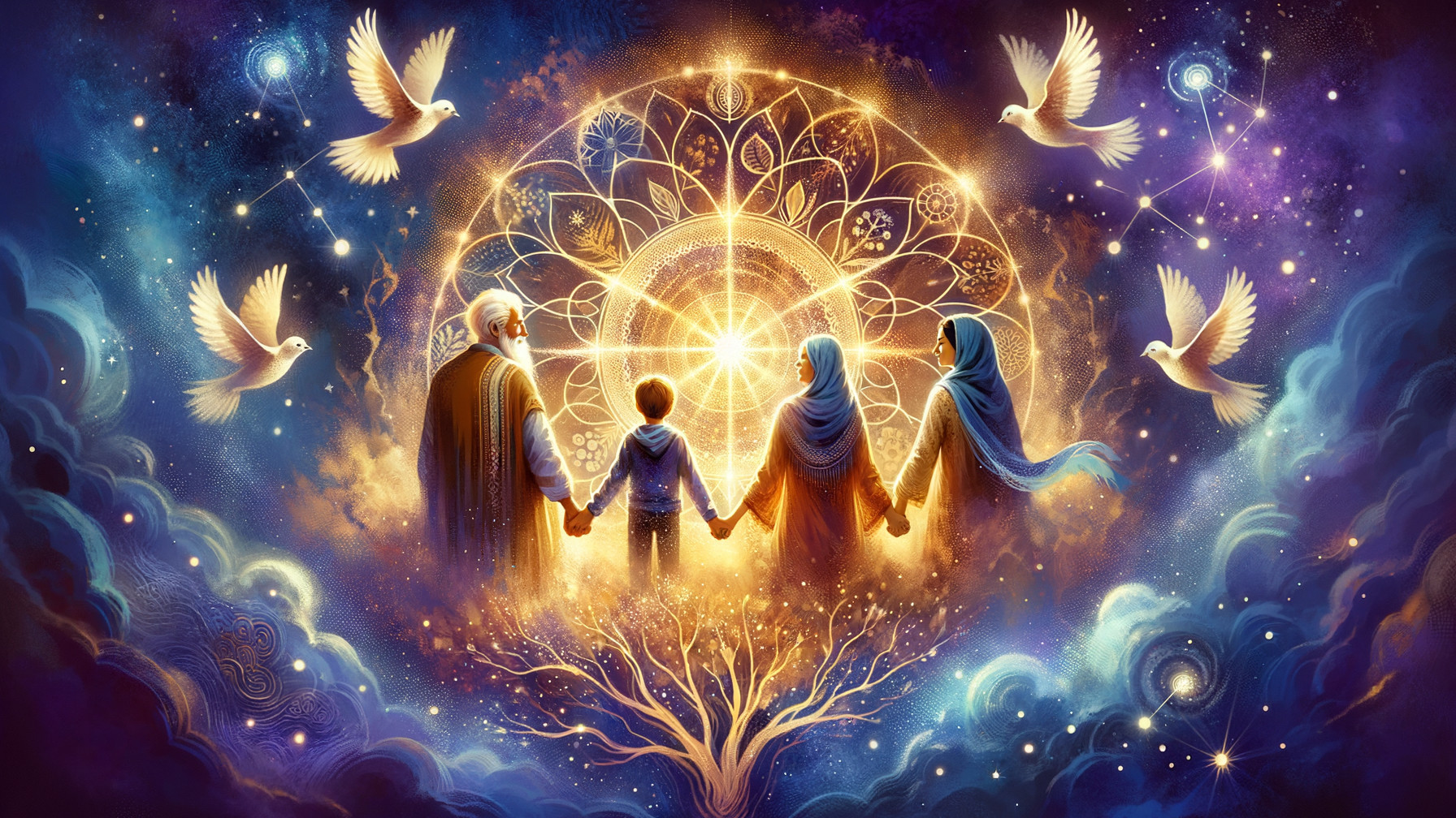 Family of Four in Cosmic Scene with Doves and Mandala