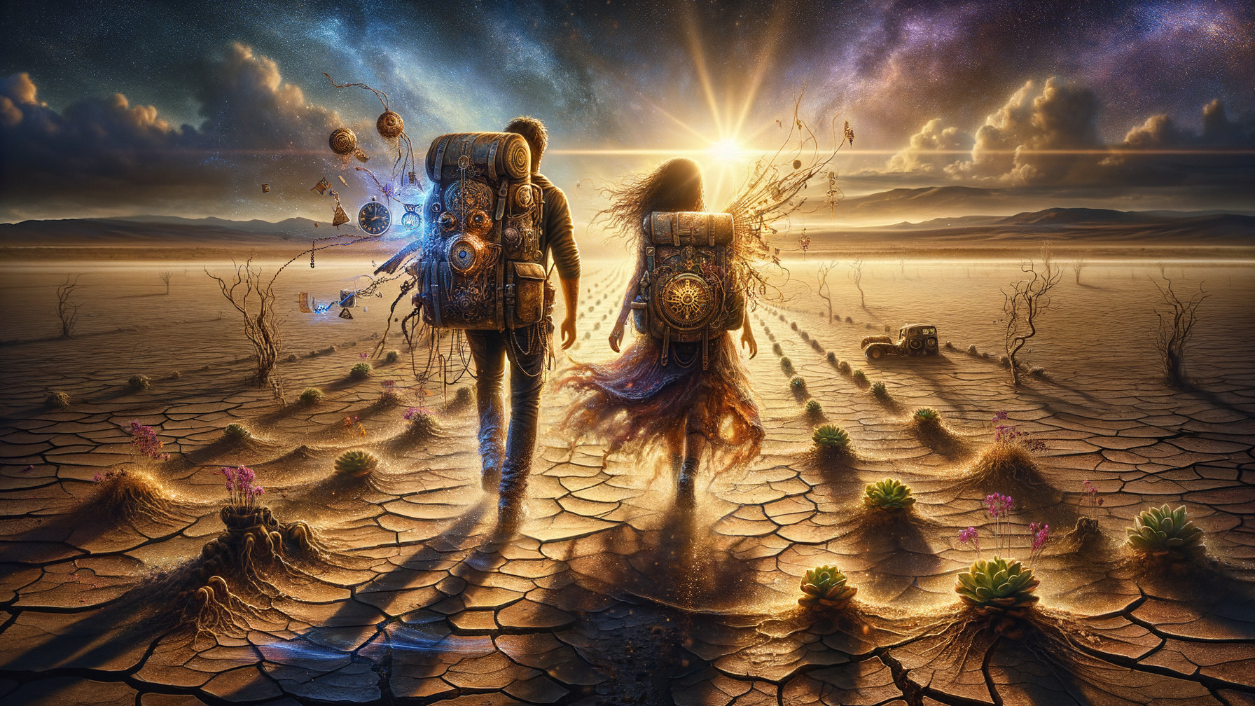 Surreal Desert Landscape with Figures and Cosmic Elements