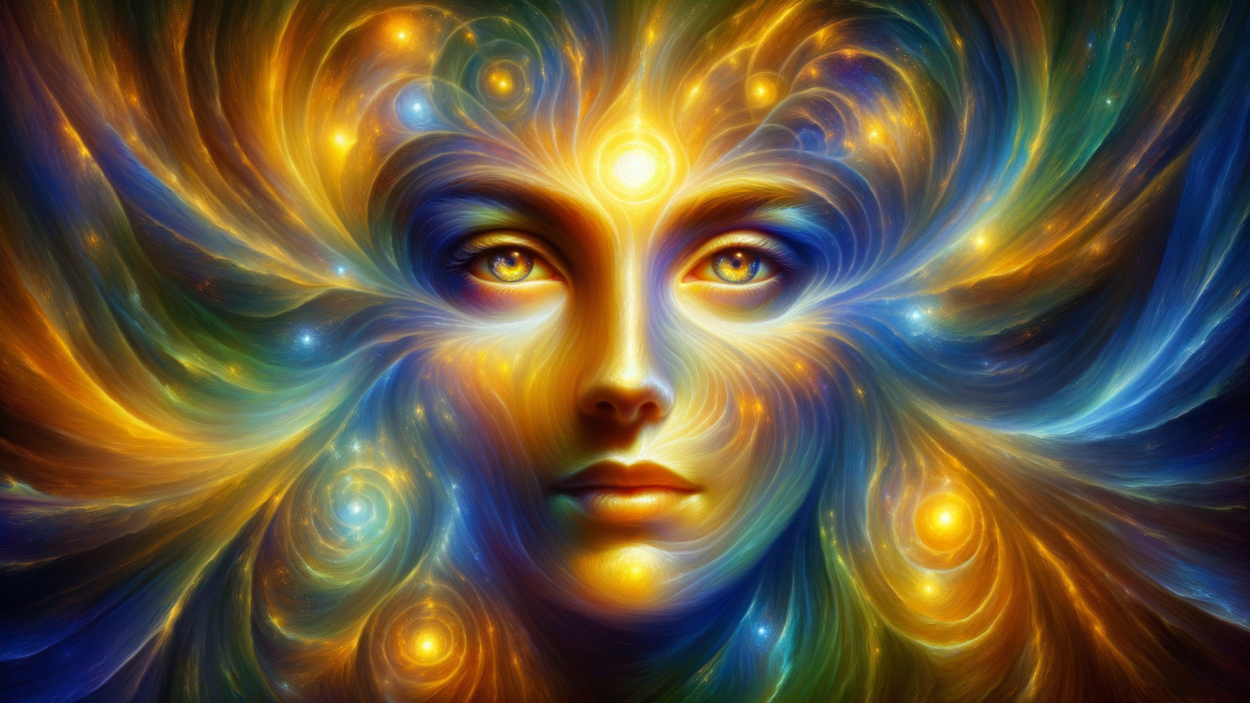 Ethereal face in vibrant cosmic color swirl