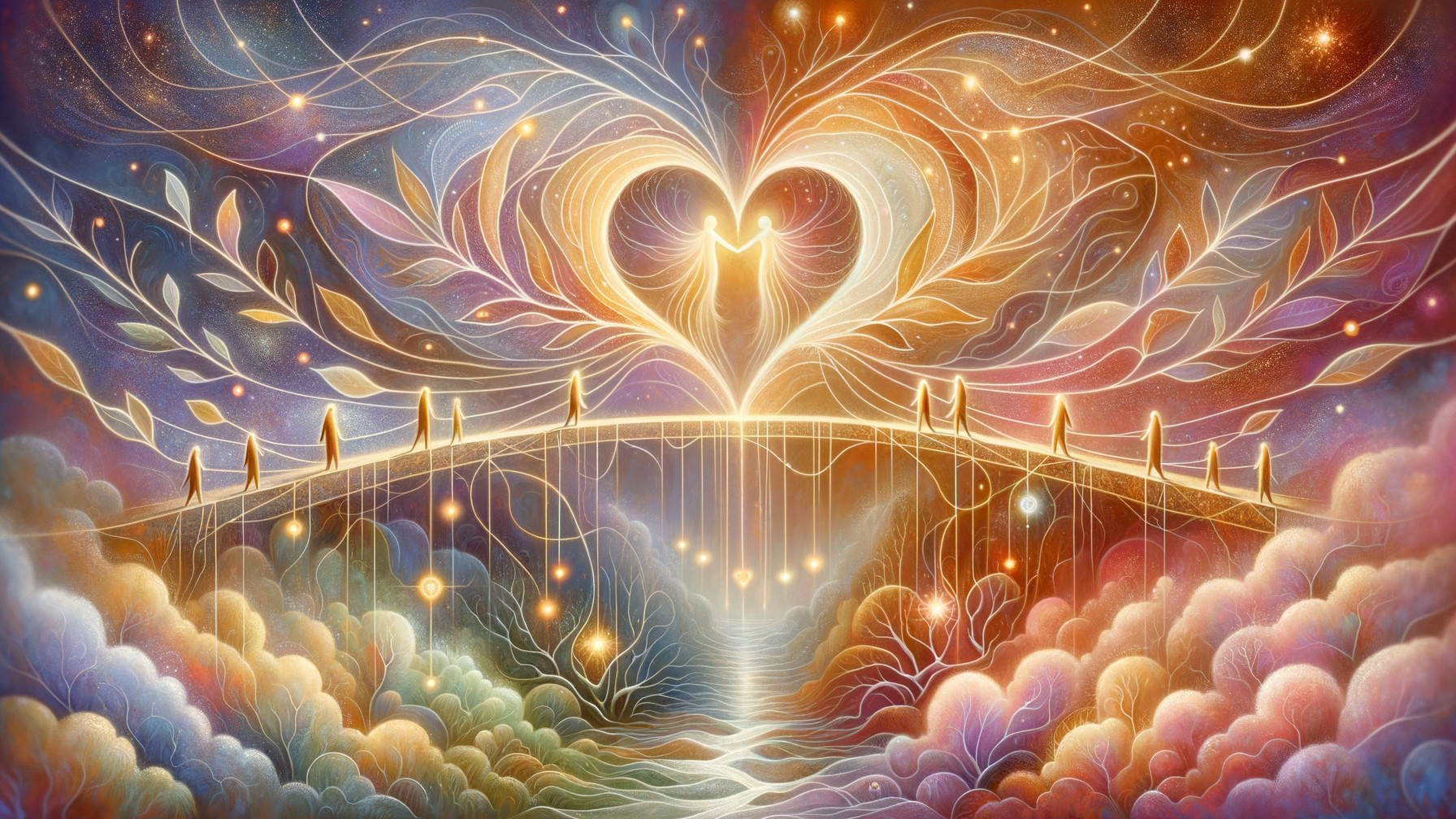 Ethereal Scene with Luminous Heart and Colorful Leaves