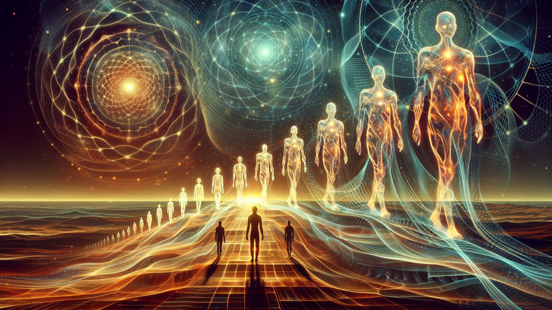 Surreal Landscape with Glowing Humanoids and Patterns