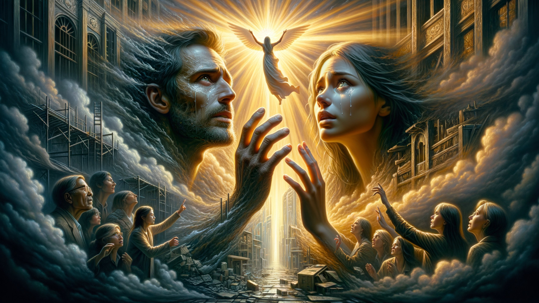 Surreal Dystopian Scene with Figures and Ethereal Light