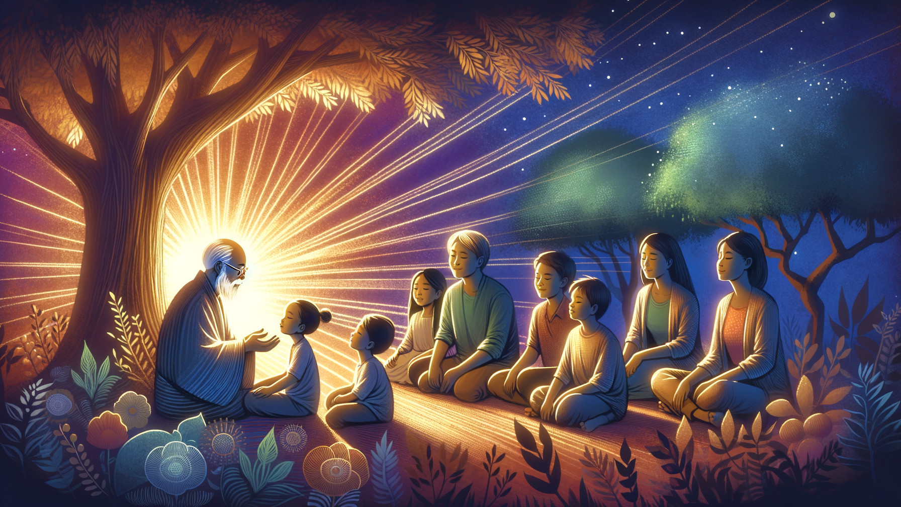 Elderly Figure Shares Stories with Children at Twilight