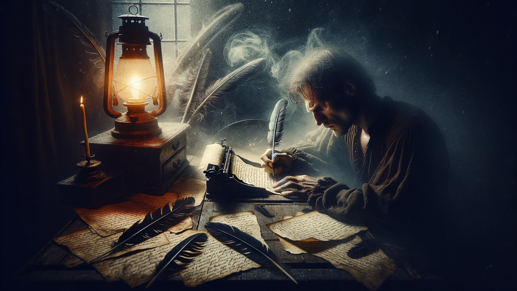 Writer in a Dimly Lit Room with Vintage Typewriter