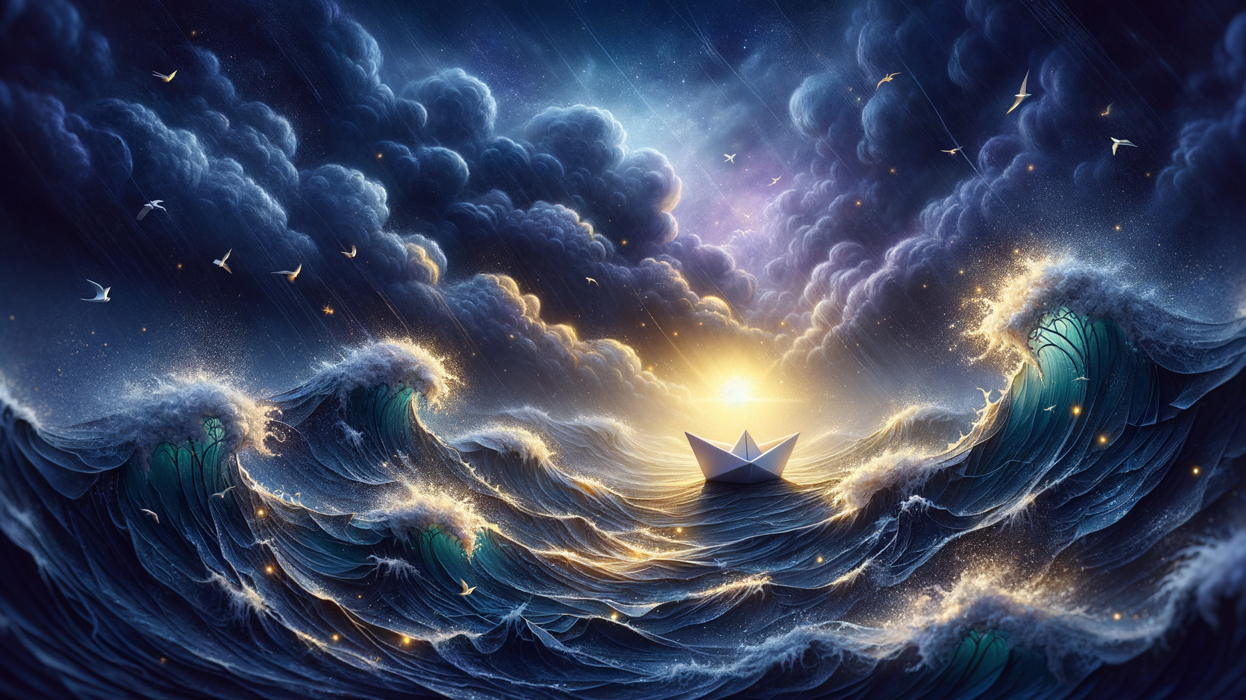Serene Seascape with Paper Boat and Dramatic Sky