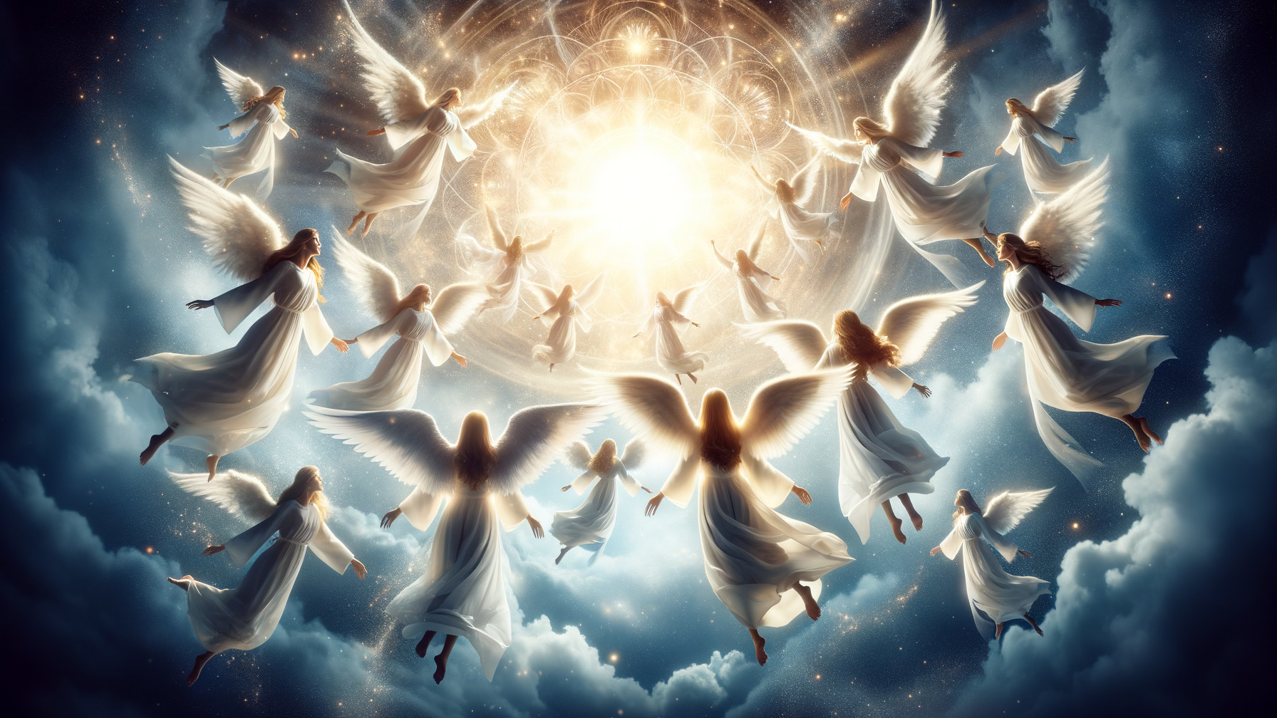 Celestial Scene with Ethereal Figures in Radiant Sky