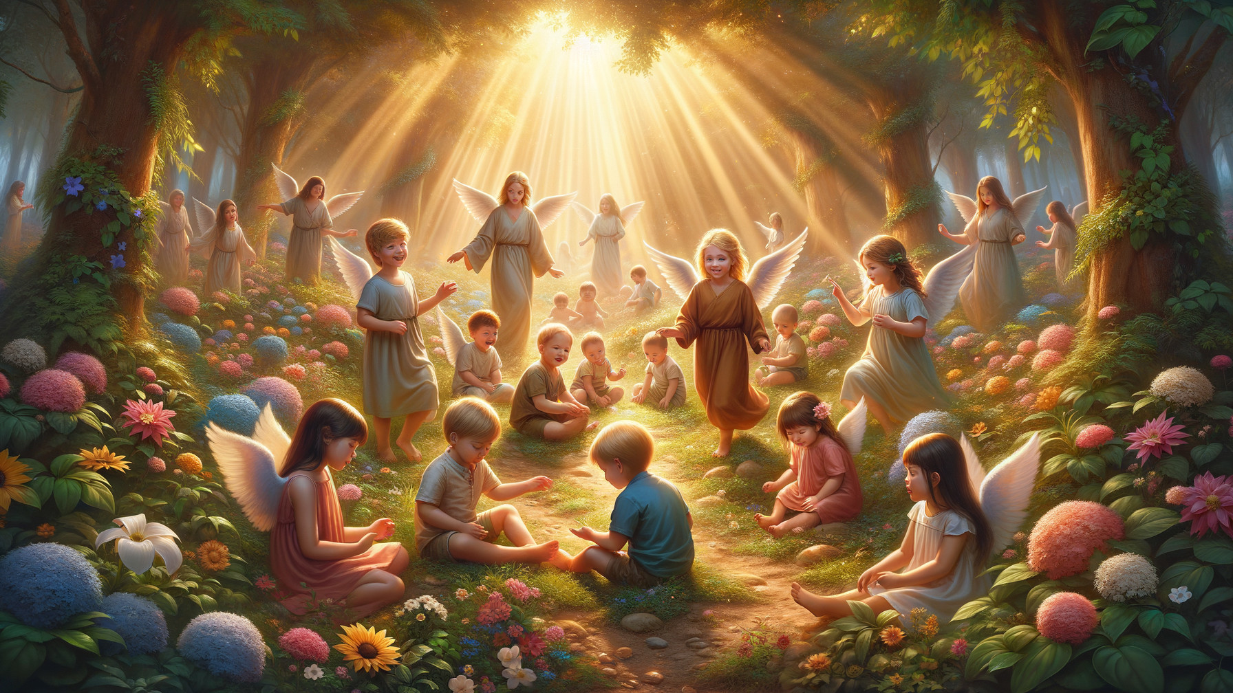 Magical Forest Scene with Children and Angels