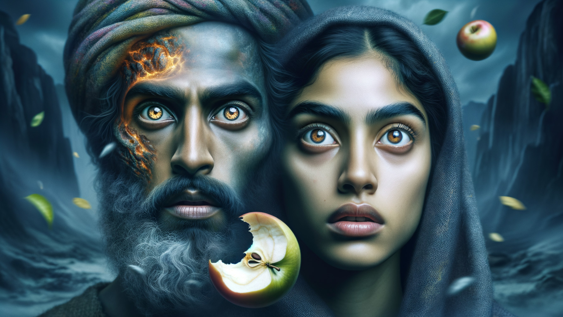 Portrait of a man and woman with symbolic elements