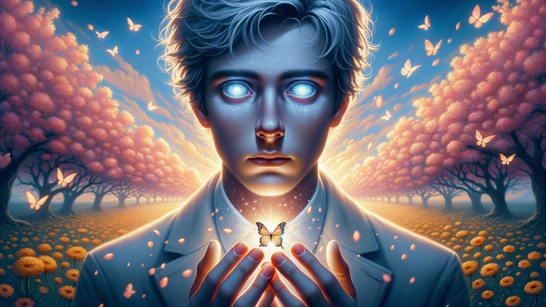 Young man in a meadow with butterflies and dandelions