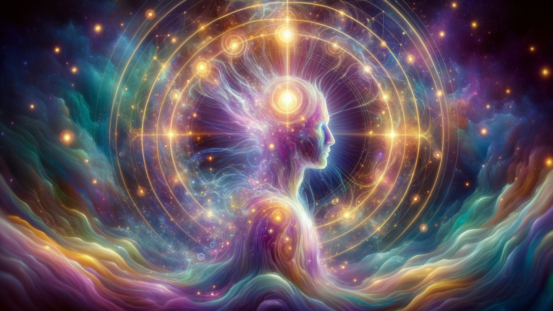 Mystical Figure Surrounded by Cosmic Colors and Stars