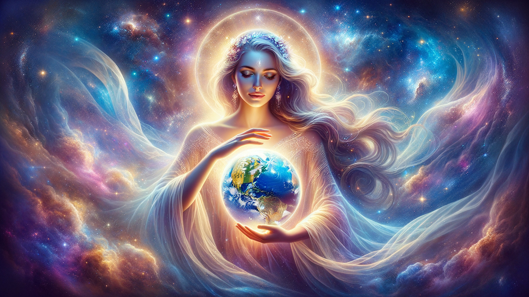Celestial Woman Holding Glowing Earth in Cosmic Scene