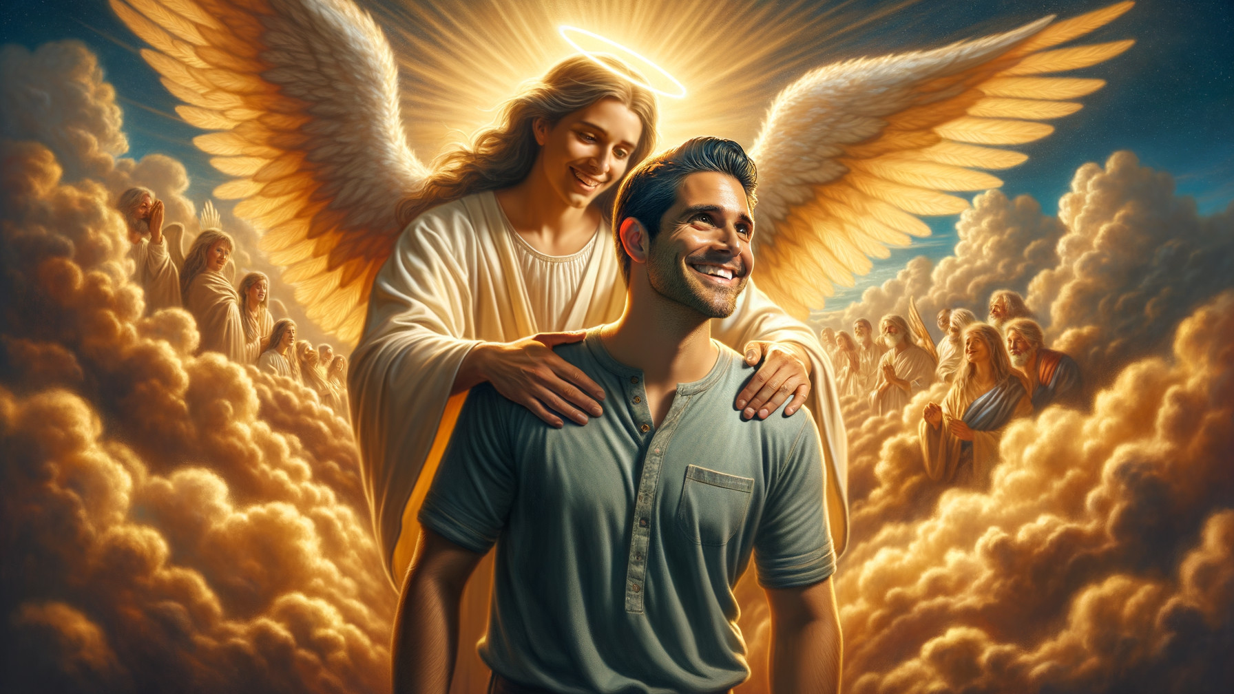 Serene Angel with Smiling Man in Heavenly Scene