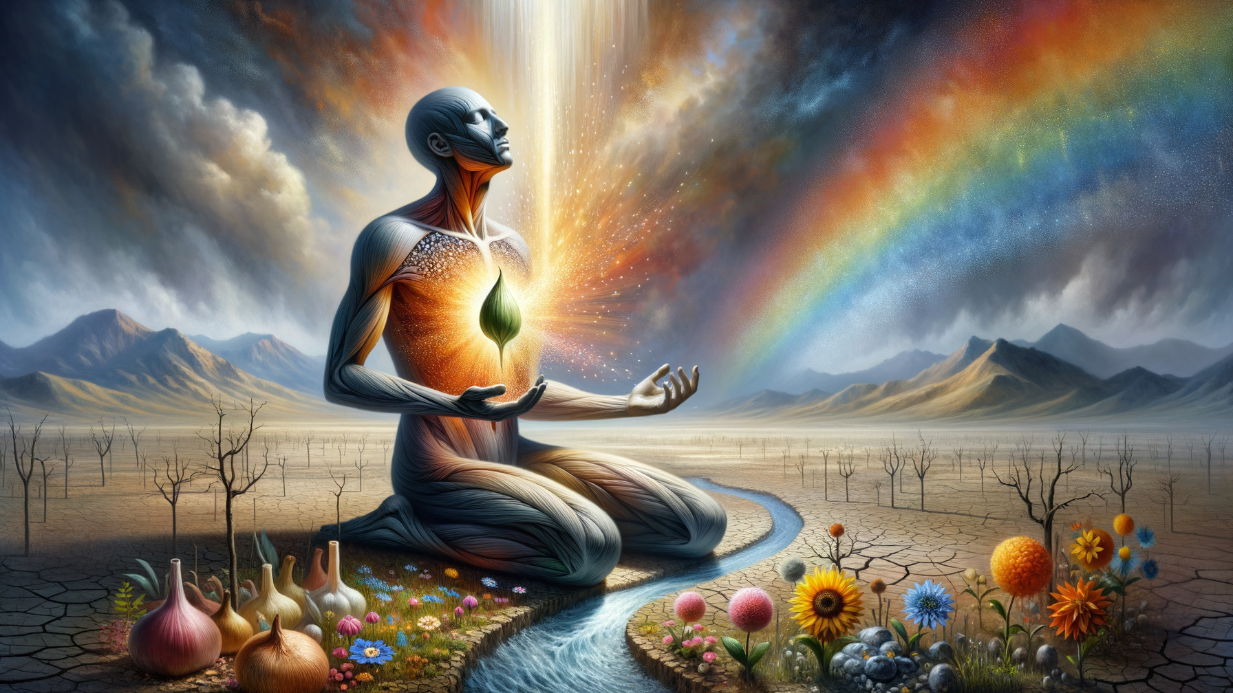 Surreal Landscape with Kneeling Figure and Radiant Beam