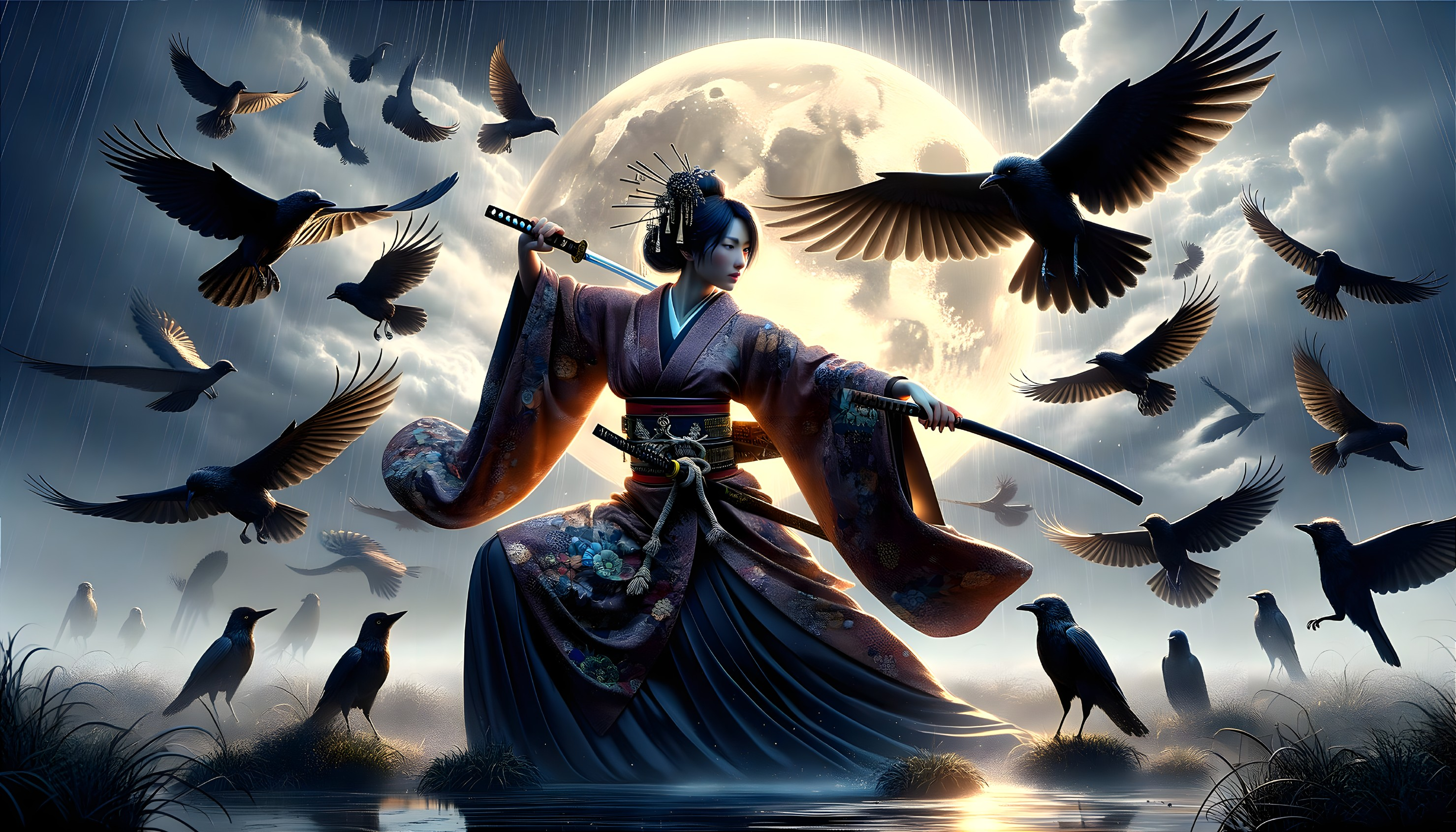 Japanese warrior with sword, birds, and full moon in dramatic night scene